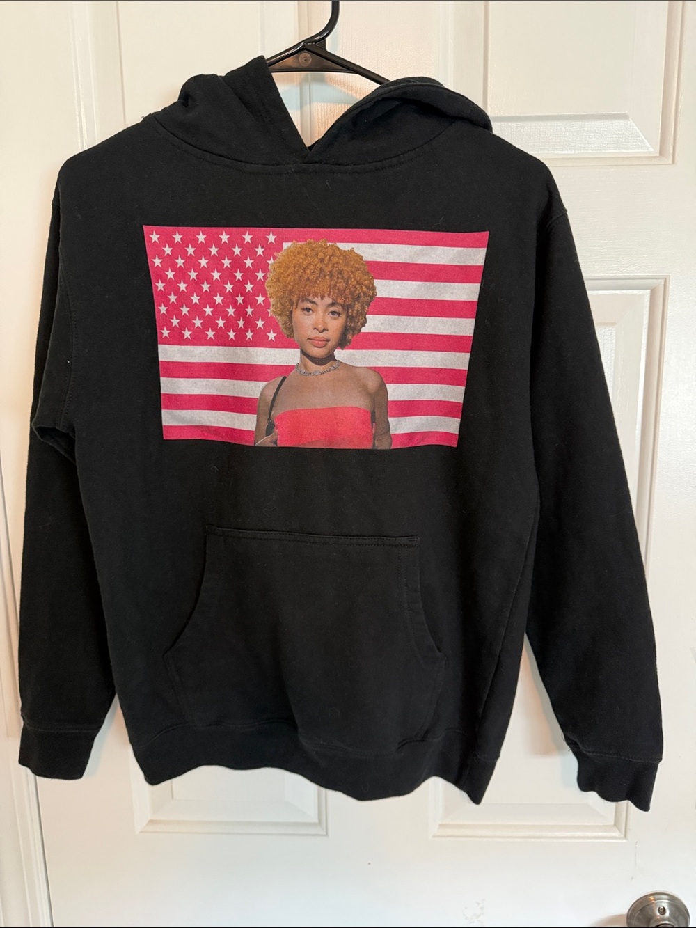 Black Women's Hoodie with Pink Graphic Flag Print Ice Spice